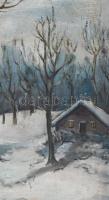 Németh E. jelzéssel: Téli erdő. Olaj, vászon, sérült keretben 29x16 cm