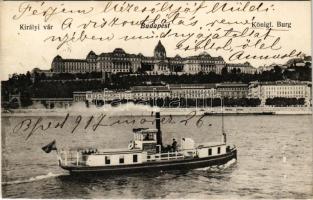 1917 Budapest I. Királyi vár és jobbparti részlet, Várkert Bazár, gőzhajó a Szilágyi térre (Rb)