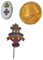 1884. "Pécsi Polg. Dalos Kör - 1884" zománcozott bronz jelvény függőleges tűvel (31x35mm) + DN Vöröskereszt zománcozott bronz jelvény függőleges tűvel (23x16mm) + "A Fővárosi Zeneiskola Szervezet - Kiváló Növendéke" bronz kitűző függőleges tűvel (29mm) T:AU-XF egyiken pici zománchiba