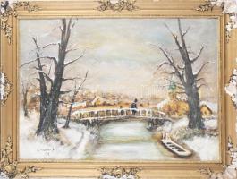 Chiovini Ferenc (1899-1981):Téli híd. Olaj, farost, jelzett, sérült keretben