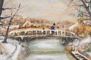 Chiovini Ferenc (1899-1981):Téli híd. Olaj, farost, jelzett, sérült keretben