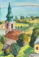 Veréb jelzéssel: Templomtorony. Akvarell, papír, üvegezett, jó keretben 28x31 cm