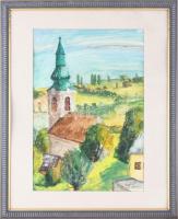 Veréb jelzéssel: Templomtorony. Akvarell, papír, üvegezett, jó keretben 28x31 cm
