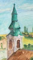Veréb jelzéssel: Templomtorony. Akvarell, papír, üvegezett, jó keretben 28x31 cm