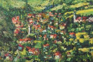 Jelzés nélkül: Falu a hegyek között. Olaj, farost, keretben 23x30 cm