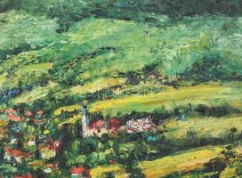 Jelzés nélkül: Falu a hegyek között. Olaj, farost, keretben 23x30 cm