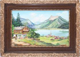 Orbán jelzéssel: Falu a tó partján. Olaj, farost. Keretben. 32x48 cm