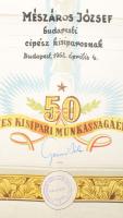 1962 Bp., Díszoklevél 50 éves kisipari munkásságért, hajtott, szakadással
