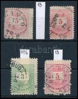 1874 3 db 5kr 13-as fogazással + 3kr 11 1/2 fogazással, mindegyik bélyeg látványosan szélesre vagy magasra fogazva (bepattant fogak)