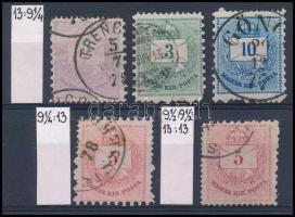 1874 5 db Krajcáros bélyeg ismeretlen fogazatváltozatban: 3 klf érték 13:9 1/4 fogazással + 5kr 9 1/4 : 13 fogazással + 5kr 9 1/2 : 9 /12 : 13 : 13 fogazással (foghibák / perf. faults)