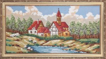 Nagy méretű gobelin dekoratív képkeretben. 35x84 cm