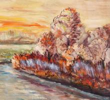 Farkas Gy. jelzéssel: Őszi táj. Olaj, farost, fa keretben 50x36 cm