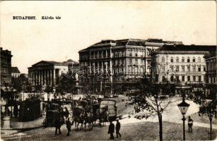 1949 Budapest VIII. Kálvin tér, Nemzeti Múzeum, villamos, hintók, üzletek. Vasúti levelezőlapárusítás 14. (EK)