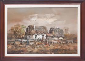 Mág Tamás. (1952 - 2019): Erdélyi paraszt tanya. Olaj, farost, jelzett, 40x60 cm. Minimálisan sérült fakeretben.