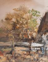 Mág Tamás. (1952 - 2019): Erdélyi paraszt tanya. Olaj, farost, jelzett, 40x60 cm. Minimálisan sérült...