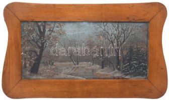 Jelzés nélkül: Téli erdő. Olaj, karton, dekoratív fa keretben. 25x50 cm