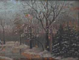 Jelzés nélkül: Téli erdő. Olaj, karton, dekoratív fa keretben. 25x50 cm