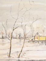 Farkas Gy jelzéssel: Téli táj. Olaj, farost, fa keretben. 42x60 cm