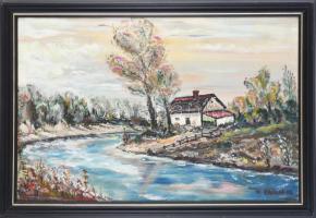 Farkas Gy jelzéssel: Patakpart. Olaj, farost, fa keretben. 34x52 cm