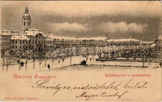1900 Szeged, Széchenyi tér a városházával télen. Endrényi Imre kiadása (EK)