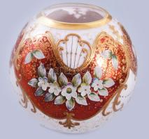Cseh zománcfestett üveg gömb váza, m: 15 cm