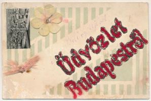 1923 Budapest V. Erzsébet híd pesti hídfője, látkép. Egyedi, kézzel készült képeslap, kollázs (lyukak / pinholes)