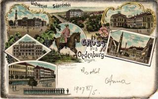 1907 Sopron, Városháza, Felső leányiskola, színház, Megyeház tér, kaszinó, K.u.K. laktanya, magyar testőrgárda. Regel &amp; Krug Art Nouveau, floral, litho (EM)