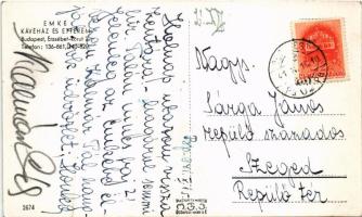 1941 Budapest VII. Emke kávéház és étterem, belső. A képeslapon az éppen ott fellépő Kalmár Pál ének...