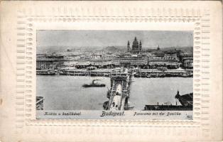 Budapest, Lánchíd, kilátás a Bazilika felé, gőzhajó, szecessziós dombornyomott keretben.