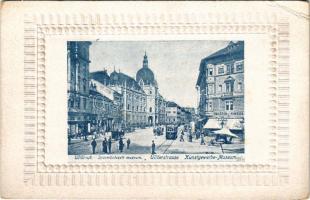 Budapest IX. Üllői út, Iparművészeti Múzeum, Valéria kávéház, gyógyszertár, villamos, szecessziós dombornyomott keretben (EB)