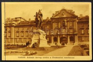 Gödöllő, Premontrei rendház, Kálmán herceg szobra, aranyozott fóliás hatású képeslap, képeslapfüzetből. Bilkei Petrecky Tibor kiadása (lyukak / pinholes)