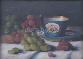 Nándory Sándor (működött a XX. sz. elején) : Csendélet meisseni csészével. Olaj, fa. jelzett, üvegezett keretben 21x27 cm