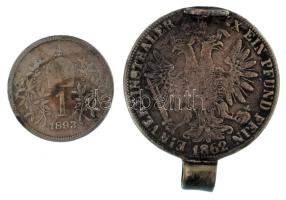 Ausztria 1862A 1T Ag "Ferenc József" füllel és forrasztásnyommal + 1893. 1K Ag "Feren...