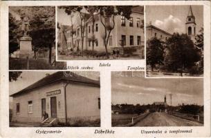 1957 Döbrököz, Hősök szobra, emlékmű, Római katolikus templom és iskola, gyógyszertár, utcarészlet a templommal. Fülöp György kiadása (ragasztónyomok / glue marks)