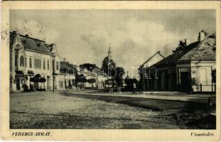 1943 Fehérgyarmat, utcarészlet, patika, gyógyszertár, üzletek, kerékpár (EB)