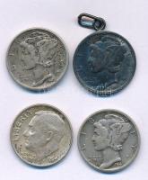 Amerikai Egyesült Államok 1936-1944 1d Ag "Mercury" (3xklf, egyik medálnak megcsinálva) + 1964. 1d Ag "Roosevelt" T:XF-F patina USA 1936-1944 1 Dime Ag "Mercury" (3xdiff, one made to medal) + 1964. 1 Dime Ag "Roosevelt" C:XF-F patina