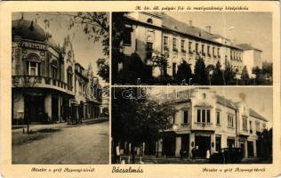 1942 Bácsalmás, M. kir. áll. polgári fiú- és mezőgazdasági középiskola, Gróf Apponyi tér, Csauscher üzlete, gyógyszertár, automobil. Jeney kiadása + "FÜLÖPSZÁLLÁS - KECSKEMÉT 200" sz. vasúti mozgóposta bélyegző (fa)