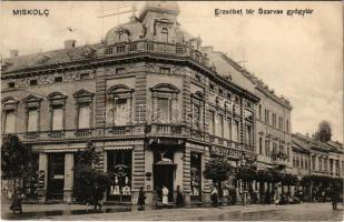1911 Miskolc, Erzsébet tér, Szarvas gyógyszertár, Magyar Bazár, Székely Lajos, Barta Adolf üzlete. Vértes fényképész kiadása (EK)