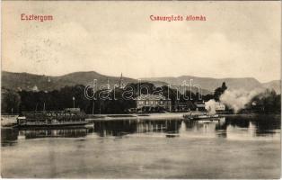 1914 Esztergom, Csavargőzös állomás, uszoda, gőzhajó. Tatarek József kiadása (EK)
