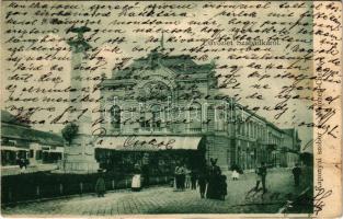 1904 Szabadka, Subotica; Kaponyai csata emlékműve és a Nemzeti kaszinó, Pilseni sörcsarnok, Kotits üzlete. Wilheim Samu kiadása / monument, casino, beer hall, shops (fa)