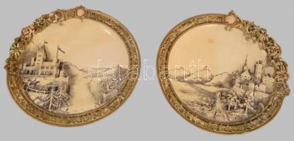 Josef Strnact 2 darab plasztikus vármintás dísztányér. Jelzett, kis kopással, d: 32 cm