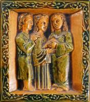 Kályhacsempe Jézus kenyértörésének jelenetével, mázas kerámia, kis mázhibával, 24x21 cm