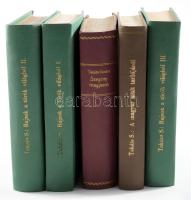 Takáts Sándor 5 kötete: A magyar múlt tarlójáról. [Bp., 1926], Genius. Átkötött egészvászon-kötésben. + Szegény magyarok. [Bp., 1927], Genius. Átkötött félvászon-kötésben. + Rajzok a török világból. I-III. köt. Bp., 1915-1917, MTA. Átkötött, egységes egészvászon-kötésben.