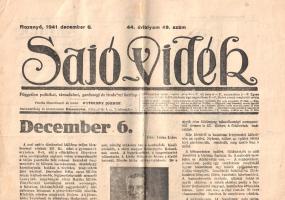 [Folyóirat] Sajó-Vidék. Független politikai, társadalmi, gazdasági és irodalmi hetilap. Felelő szerkesztő: Potocsny József. 44. évfolyam, 49. szám (1941. december 6.) Rozsnyó, 1941. (Sajó-Vidék nyomdája). 4 p. Folio. A keresztényszocialista szemléletű regionális hetilap, a rozsnyói Sajó-Vidék 1898-1944 között jelent meg. 1922-től a Rozsnyói Püspökség nyomdájába társult Potocsny József szerkesztette. A vegyes tartalmú: irodalmi cikkeket, politikai és helyi társadalmi híreket közlő lap 4-8 oldal terjedelemben látott napvilágot. 1941. december 6-i lapszámunk az országgyarapító Horthy Miklóst köszönti névnapja alkalmából. Lapunk beszámol a rozsnyói Actio Catholica első kultúrestjéről, egymondatos filmkritikákban minősíti a bemutatott filmújdonságok erkölcsi tartalmát, a züllött erkölcsű filmeket megróva, a helyes erkölcsiségű filmeket méltatva. Az utolsó oldalon helyi érdekeltségű gazdasági, kulturális és bűnügyi krónika. Oldalszámozáson belül képes hirdetésekkel. Jó állapotú lapszám, hajtogatva.