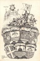 [Grafika] Megvédi a ruthéneket Nagy Lajos és Rákóczi szelleme. Szent-Gály Faur Aurél ötlete alapján rajzolta Biczó András. (1939). Tusrajz, mérete: 190x130 mm egy 205x135 mm méretű fotókartonon. Tusrajzunk feltehetően az 1939. márciusi kárpátaljai bevonulás emlékét őrzi. A Nagy Lajos királyt királyi méltóságában és II. Rákóczi Ferenc vezérlő fejedelmet kuruc vitézei társaságában megörökítő rajz alatt a kárpátaljai bevonulással visszatért felvidéki és kárpátaljai megyék címerrajzai, az ott élő ruszin lakosság etnikai arányainak feltüntetésével. A Rákóczi fejedelemsége idején Kárpátalja rutén lakossága jellegzetesen fejedelempárti volt, a ruténség magyar érzelmére a két világháború között is gyakran hivatkozott a magyar belpolitika, a kárpátaljai bevonulás idején pedig erre a hagyományra szívesen hivatkozott a hivatalos ideológia. Tusrajzunk adatait, illetve rajzának tervezetét Szent-Gály Faur Aurél (1877-1958) volt máramarosi főjegyző, királyi ügyész és emlékirat-író szolgáltatta, tussal húzott rajzát Biczó András (1888-1957) grafikusművész készítette. Eredeti grafikánkat a következő években Besskó Károly budapesti vállalkozó képeslapként is kiadta. Tusrajzunk hátoldalán a mű és a művész megnevezése. Prov.: Szent-Gály Erzsébet (1943-2016) restaurátor, művészettörténész, Szent-Gály Faur Aurél főjegyző, főügyész rokona. Jó állapotú grafika, fotókartonra ragasztva.