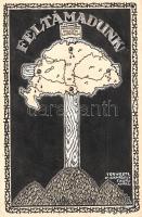 [Grafika] Feltámadunk! Szentgály Faur Aurél terve alapján rajzolta Kovács Erzsébet. (1938 körül). Tus, vegyes technika, mérete: 190x125 mm egy 205x135 méretű fotókartonon. Irredenta témájú tusrajzunk 1938 körül keletkezhetett. A hármas halmon álló kereszt közepén a történelmi Magyarország térképe, folyóival, fontosabb városainak kezdőbetűivel. A krisztusi allegóriaként megrajzolt országtérképet négy helyen szögek fúrják át, mely szögekből stilizált vércseppek hullanak. A keresztfán felül "Hungaria Preada Latronum" (Magyarország latrok áldozata) felirat. Tusrajzunk tervezője Szent-Gály Faur Aurél (1877-1958) volt máramarosszigeti főjegyző, királyi főügyész. A művészetbarát ügyvéd, az országbővítés ügyének pártolója az 1930-as évek végén több irredenta plakátot is rajzoltatott művész ismerőseivel. Tusrajzunkat Kovács Erzsébet készítette. Rajzunk hátoldalán a művész megnevezése. Prov.: Szent-Gály Erzsébet (1943-2016) restaurátor, művészettörténész, Szent-Gály Faur Aurél főjegyző, főügyész rokona. Jó állapotú grafika, fotókartonra ragasztva.