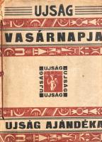 [Folyóirat] Az Ujság vasárnapja. Képes irodalmi és ismeretterjesztő hetilap. Felelős szerkesztő: Ágai Béla. Megjelenik vasárnaponként. Mutatványszám: nyolc lapszám az V. évfolyam tavaszi számaiból: 11-12., 14., 16-19, 21. szám. (1929. március 17. - 1929. május 26.) [Egybekötve.] "Az Ujság" című nemzeti szabadelvű napilap 1903-ban indult útjára, jeles írógárda toborzásával. Első évtizedében Mikszáth Kálmán, Herczeg Ferenc, Kozma Andor, Kóbor Tamás és a pályakezdő Móricz Zsigmond irodalmi és publicisztikai munkásságának is helyt adott. Az egyik legfontosabb pesti lappá váló újság túlélte a Monarchia összeomlását, a Tanácsköztársaságot, és folytatta működését a Horthy-érában is. Gazdagon illusztrált irodalmi és ismeretterjesztő melléklapja, "Az Ujság vasárnapja" 1925-ben indult. Ötödik évfolyamába lépő családi magazinunk az irodalmi anyagon: a novellákon, a folytatásos tárcaregényeken, verseken kívül útírásokat, képzőművészeti, történelmi, földrajzi, néprajzi és technikatörténeti ismeretterjesztő anyagokat közöl; divat- és lakberendezési rovata a nőknek, meserovata a gyermekeknek, kép- és keresztrejtvényei, színházi és filmes hírei minden korosztálynak szólnak. Lapszámaink borítóin kortárs magyar festők művei, többek közt Glatz Oszkár, Fényes Adolf, Vaszary János borítófestményei. Lapszámaink irodalmi anyagában Márai Sándor, Kodolányi János, Tersánszky J. Jenő prózái, Illyés Gyula versei, Róheim Géza úti beszámolói, Dánielné Lengyel Laura irodalmi portréi, Fried Margit, Elek Oszkár, Cholnoky Béla ismeretterjesztő írásai, Háy Gyula művészettörténeti írásai. A lapszámok végén gazdag képanyaggal kísért, bő válogatás a világ kurrens érdekességeiből, hollywoodi és színházi híreiből. A tartalomból: Márai Sándor: Függöny -- Kodolányi János: A hegyen -- Tersánszky J. Jenő: Diogenes -- Róheim Géza: Szomáliakkal Adenban -- [Rozsnyai Kálmán] Sidney Carton: Isadora Duncan szerelmei -- Dánielné Lengyel Laura: Baskircsew Mária -- Elek Oszkár: Jeanne d'Arc. Orléans felszabadításának 500. évfordulójára -- Háy Gyula: A könyvillusztrálás művészete -- Sós Endre: Vaszary János pályája Nagybányától az expressionizmusig -- Feldmann Sándor: A degenerációról -- Lichtschein Lajos: Milyen találmányok vezették Marconit a rádió feltalálásához? -- A kor és a munka jogai. Válaszok egy életproblémára. -- Margittai László: Világszép kisasszony három kérője -- A Ficere család kalandjai (folytatásos képregény) -- Nyári ruhák és köpenyek kisleányoknak -- Ráér egy félórára? (rejtvényrovat) -- A világ minden tájáról (érdekességek, furcsaságok). Évfolyamunk 18. számának utolsó levele hiányzik. Lakatos 4225. Feltehetően Kozma Lajos által tervezett, zsinórral fűzött, színes, illusztrált, gerincén és fedőborítóin enyhén sérült kiadói borítóban.