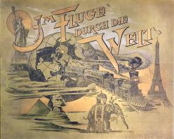 Stoddard, John L[awson] (szerk.):  Im Fluge durch die Welt. Sammung photograpischer Ansichten der hervorragendsten Städte, Gegenden und Kunstwerke von Europa, Asien, Afrika, Australien, Nord- und Süd-Amerika. Herausgegeben unter Leitung des Reisenden und Vorlesers John L. Stoddard von The Werner Company Chicago. [Röptében a világ körül. Német nyelven feliratozott fotóalbum a századfordulóról.] Chicago, [1894 után]. The Werner Company Verlag und Kunstdruckanstalt. [4] p. + 128 t. (kétoldalas táblákon korabeli fotóanyag). Harántfolio. John Lawson Stoddard (1850-1931) amerikai fotográfus, utazó, utazási író, ismeretterjesztő előadó. Bostoni tanulóévei után az 1870-es évek közepétől járta a világot, Norvégiától Törökországig, Palesztinától Japánig és Ausztráliáig körbeutazta a Földet. Az 1880-as évektől telt házas előadásokat tartott, a modern szórakoztatóipar egyik reprezentánsának számított. Föld körüli utazásait több tematikus fotóalbumba gyűjtötte. 1894-ben jelent meg leglátványosabb város-, táj-, enteriőr- és néprajzi felvételeit egységes albumba foglaló műve, "A Trip Around the World with John L. Stoddard. A Collection of Photo-Engravings" címmel. Századfordulós albumunk emlékezetes pillanatfelvételt nyújt a párizsi sugárutak, a bécsi Graben, a berlini Unter den Linden világáról, közlekedéséről, öltözködés- és viselkedésrendjéről. Albumunkban feltűnik a Monte Carló-i Kaszinó, az athéni Akropolisz, a római Via Appia, a granadai Alhambra, a skóciai Balmoral-kastély, a budapesti Lánchíd és Várnegyed, a brüsszeli Börze, a washingtoni Kongresszus, a moszkvai Kreml, a londoni Tower, a párizsi Louvre és Eiffel-torony, a New York-i Szabadság-szobor, a borgundi norvég fatemplom, a jeruzsálemi Szent Sír-templom, a kairói Citadella, a boszporuszi beglerbégi palota, a palermói és nápolyi öböl, a firenzei Ponte Vecchio, a velencei Canal Grande és Szent Márk tér, a svájci Szent Gotthárd-hágó, a Rajna völgye, a kaliforniai El Capitan sziklafala, a Sziklás-hegység Windy Point nevű helye, a niagarai vízesés, az Atlantic City-beli strand, az egzotikusabb vidékekről indiai és japán utcai képek és tájképek. Albumunk néprajzi képein bennszülött törzsek csoportképei, egy-egy kirándulási zsánerképén pedig a korabeli túrázás szokásrendje is tanulmányozható. Német nyelvű albumváltozatunk 1894-1900 között készülhetett. Néhány levélen apró szakadásnyom, egy levélen apró javítás. Aranyozott, festett, vaknyomásos kiadói egészvászon kötésben (Gustav Fritzsche Königliche Horburchdruckerei in Leipzig), márványmintás festésű lapszélekkel. Jó példány.