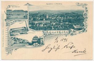 1899 Szentágota, Agnetheln, Agnita; Hotel Agnetha, Agnetheln v. d. Steinburg, Sägewerk, Mittelgasse / szálloda, látkép, fűrésztelep, Közép utca. M. Lang kiadása / hotel, general view, sawmill, street view. Art Nouveau, floral (EK)