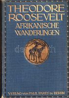 Roosevelt, Theodore: Afrikanische Wanderungen eines Naturforschers und Jägers. Mit Illustrationen auf 48 Tafeln. Berlin, 1910. Verlag fon Paul Parey (Druck von W. Büxenstein). 1 t. (címkép) + XVI + 464 + [4] p. + 47 t. Első német kiadás. Theodore Roosevelt (1858-1919) republikánus politikus, országgyűlési képviselő, az Egyesült Államok elnöke 1901-1909 között. A korábban katonai intervenciókban is részt vállaló Roosevelt elnöksége alatt aktívan beavatkozott a világpolitikába, a belpolitikában pedig (számos trösztellenes intézkedése mellett) a nemzeti parkok és vadrezervátumok, a fásítás és erdősítés érdekében sokat tett. Az elnök szenvedélyes vadász is volt, 1909-as leköszönése után kelet-afrikai vadászatokon vett részt. Fényképekkel és vadászati rajzokkal kísért vadásznaplója a századelő szafarikörülményeit örökíti meg. A munka eredeti nyelven szintén 1910-ben jelent meg, német fordítása még abban az évben napvilágot látott. A címlapon régi tulajdonosi bejegyzés, a beszámoló előtt a vadászati terület térképe. Aranyozott, festett kiadói egészvászon kötésben, felül színes festésű lapszélekkel. Jó példány.
